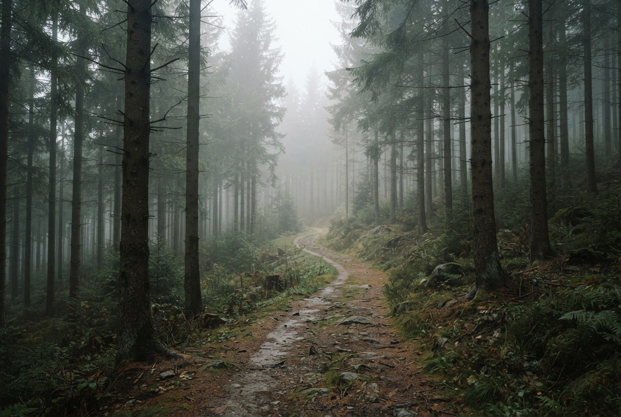 Nebliger Waldweg im Osterzgebirge